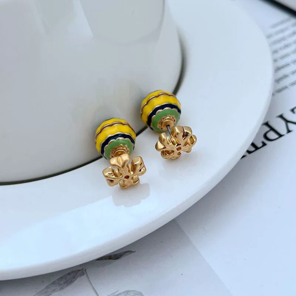 Tory Burch Enamel Letter Inlaid Ball Double Sided Metal Earrings